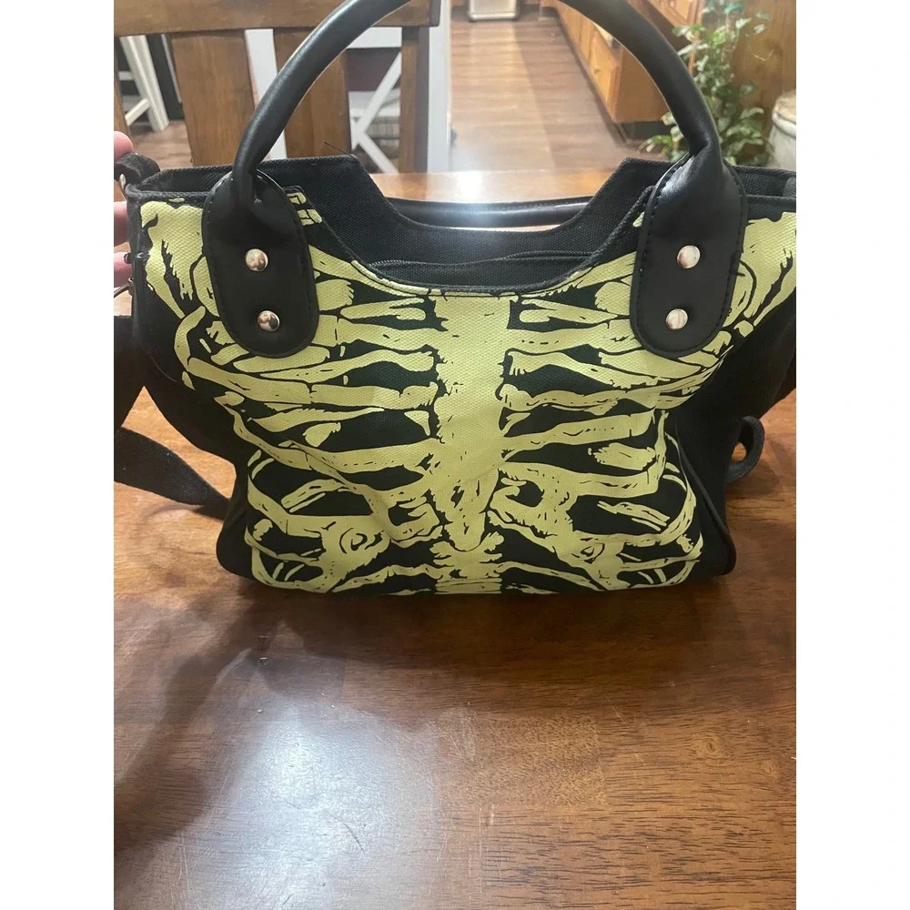 Skeleton Rib Cage Canvas Crossbody Bag Black Gothic Bone Print Tote Handbag